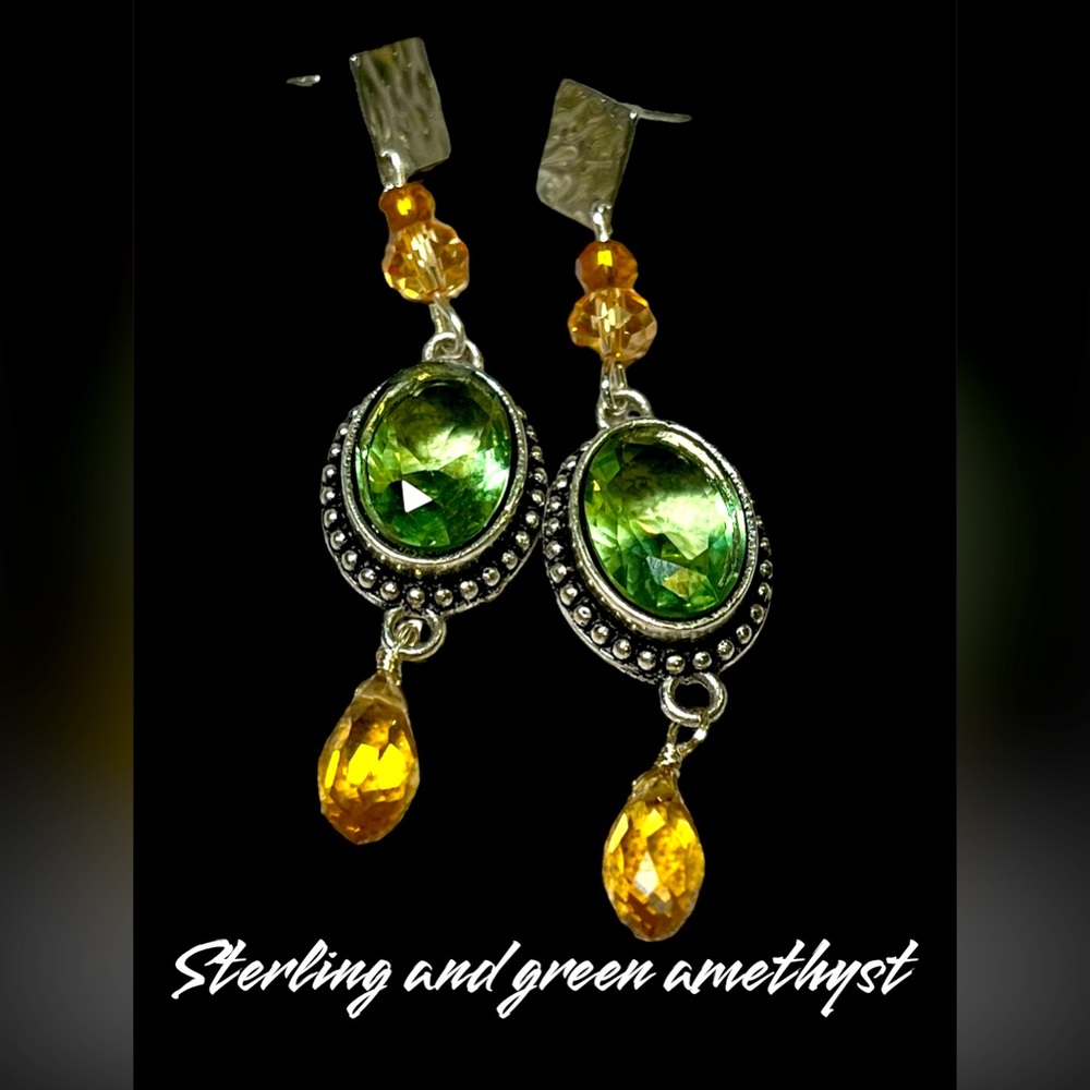Genuine Green amethyst and Swarovski accents on nickel free studs-long earring